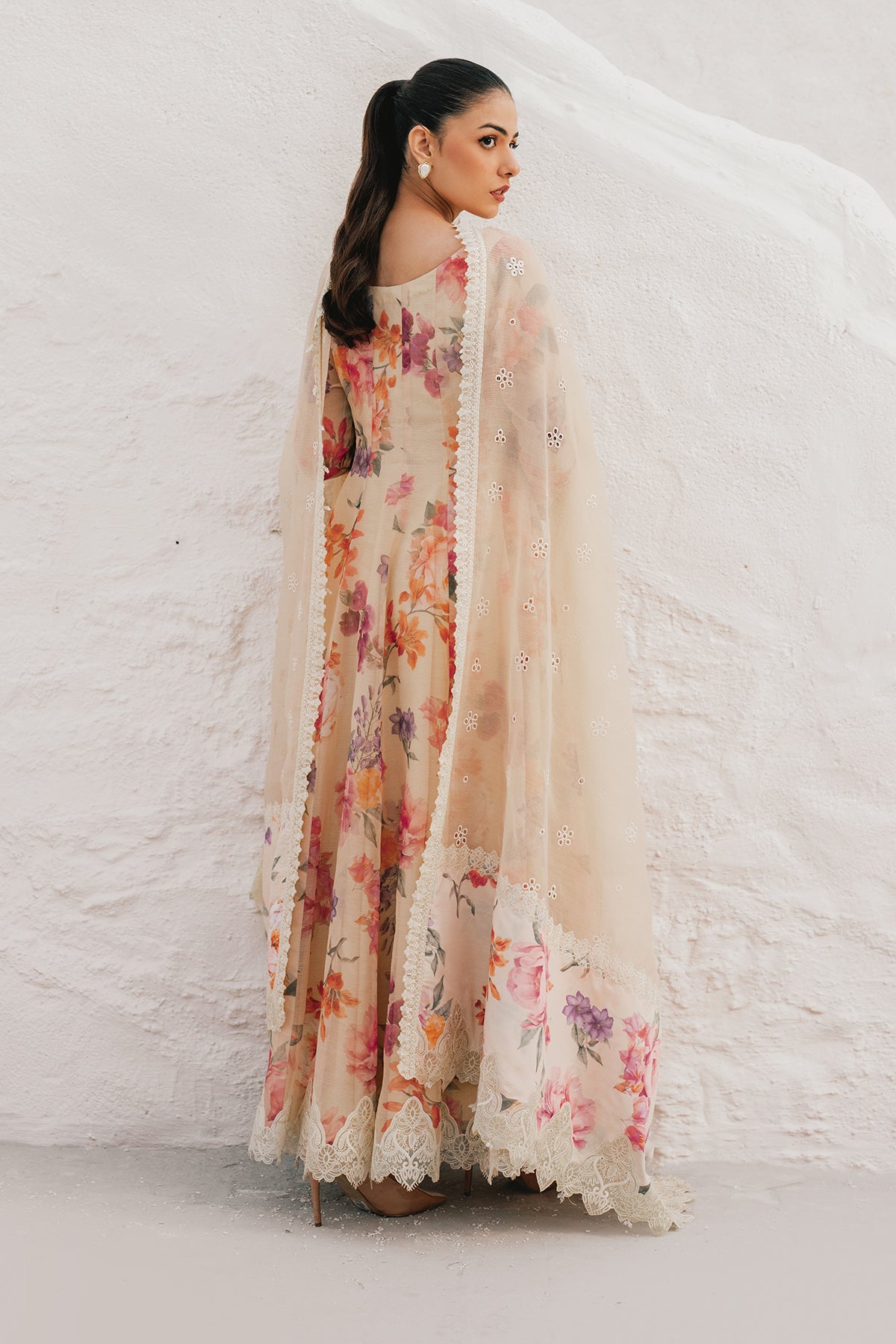 Pakistani Ivory Floral Embroidered Cotton Patti Anarkali (3-Piece) - Image 2