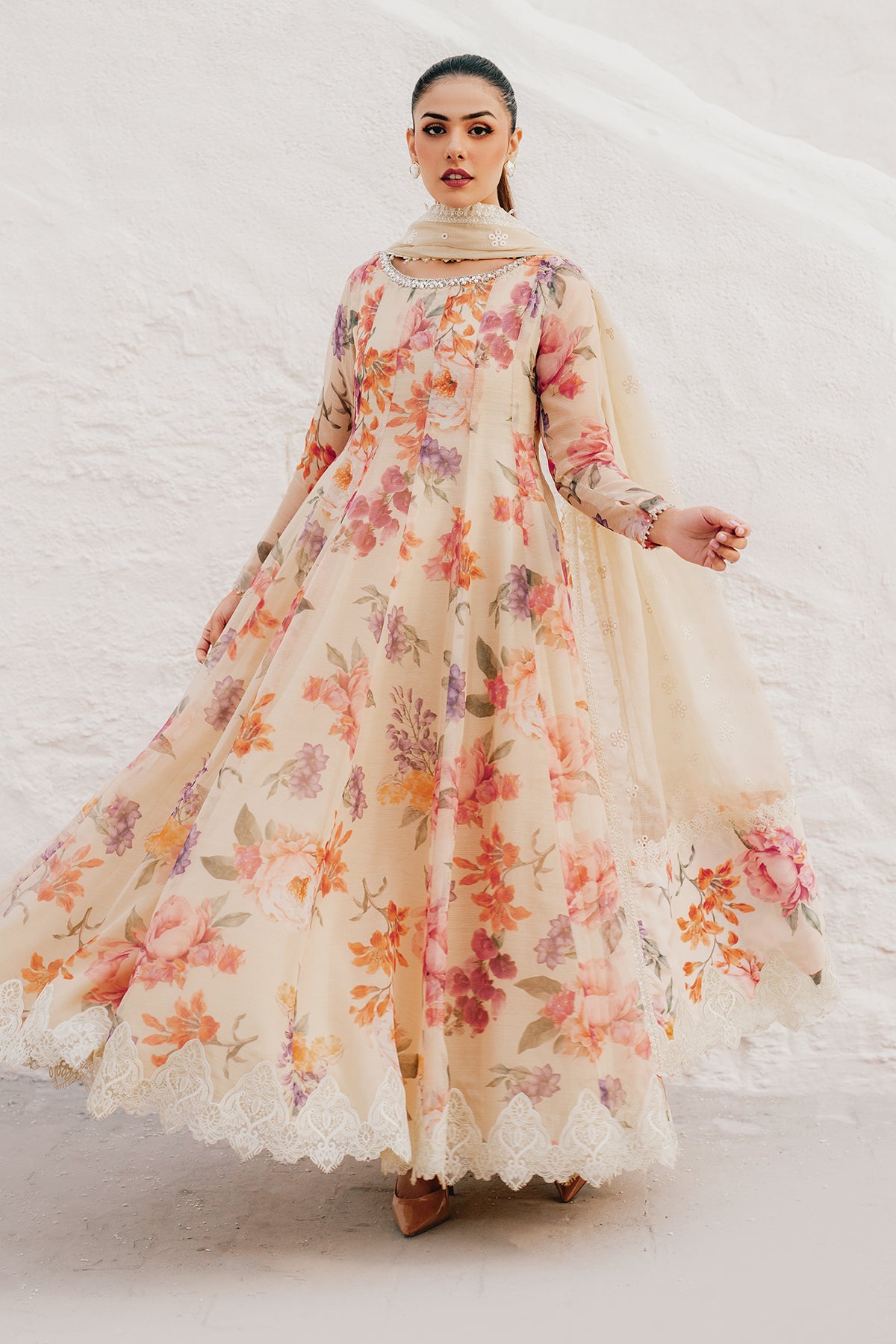 Pakistani Ivory Floral Embroidered Cotton Patti Anarkali (3-Piece) - Image 5