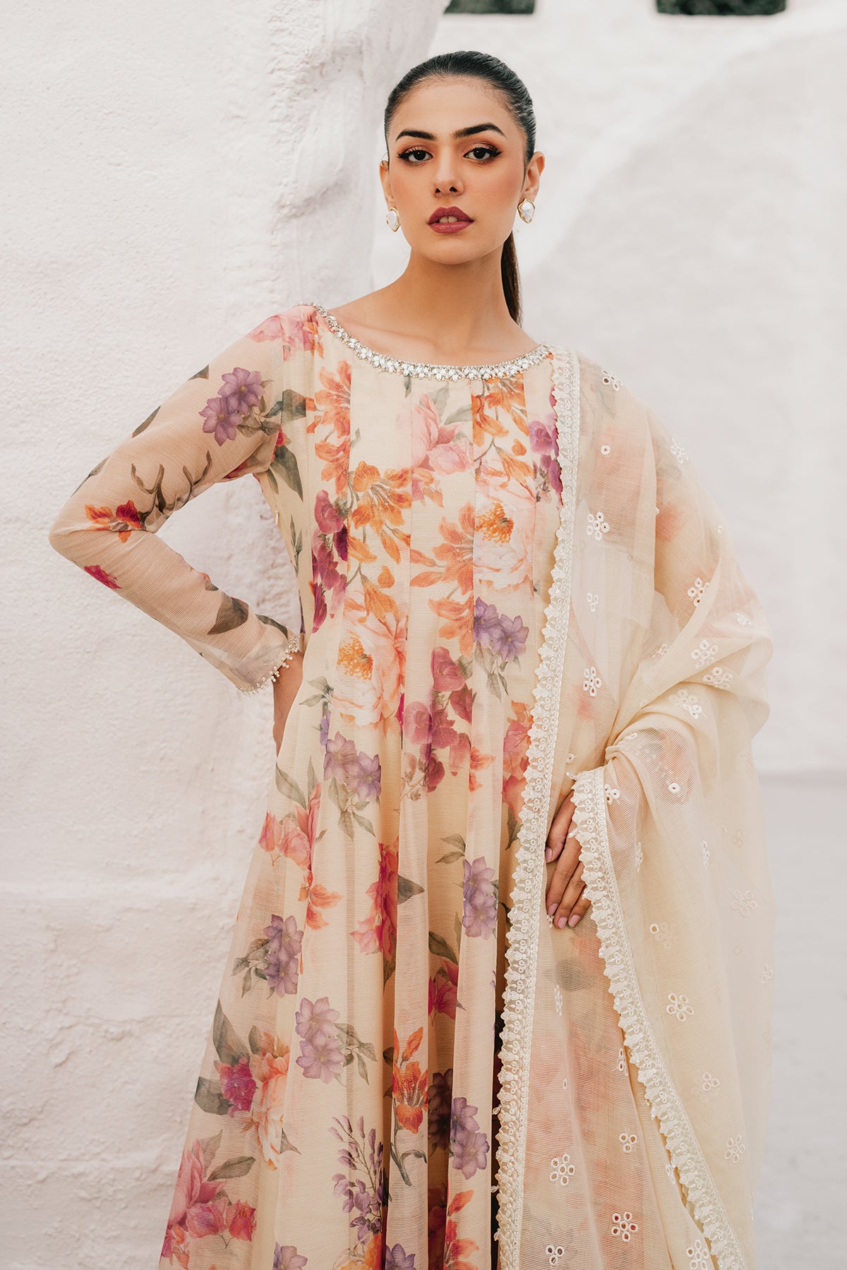 Pakistani Ivory Floral Embroidered Cotton Patti Anarkali (3-Piece) - Image 6