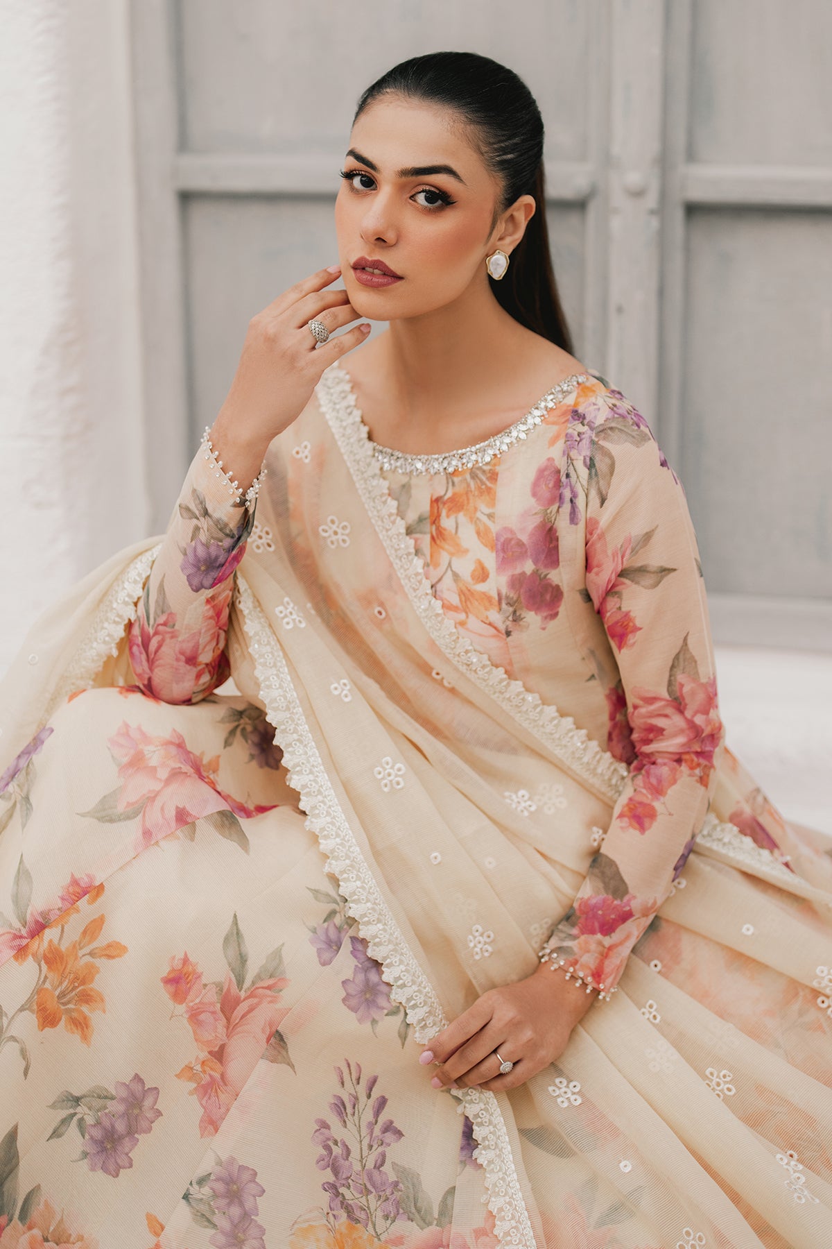 Pakistani Ivory Floral Embroidered Cotton Patti Anarkali (3-Piece) - Image 8