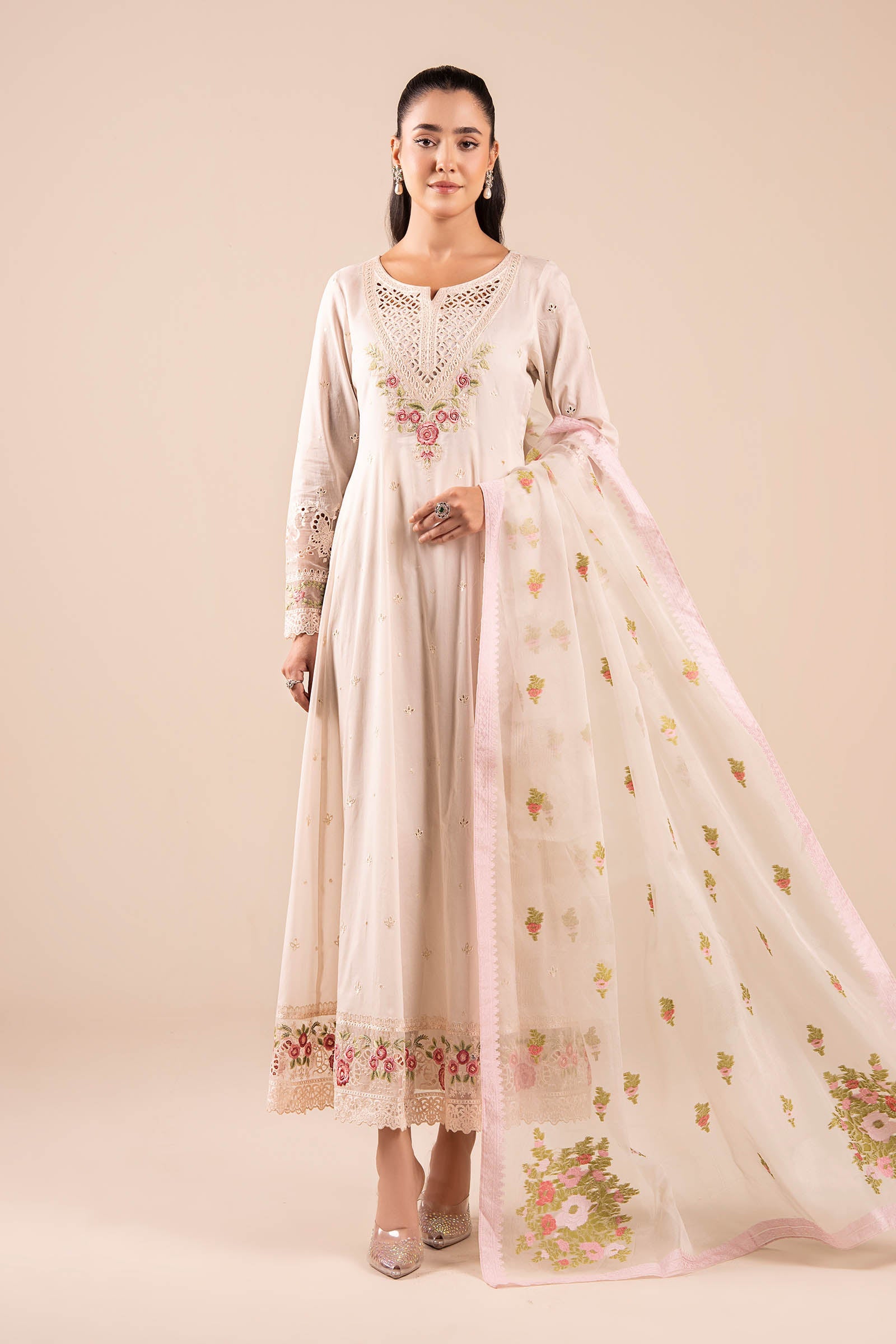 Off White Schiffli Embroidered Lawn Anarkali Dress (3-Piece) - Image 1