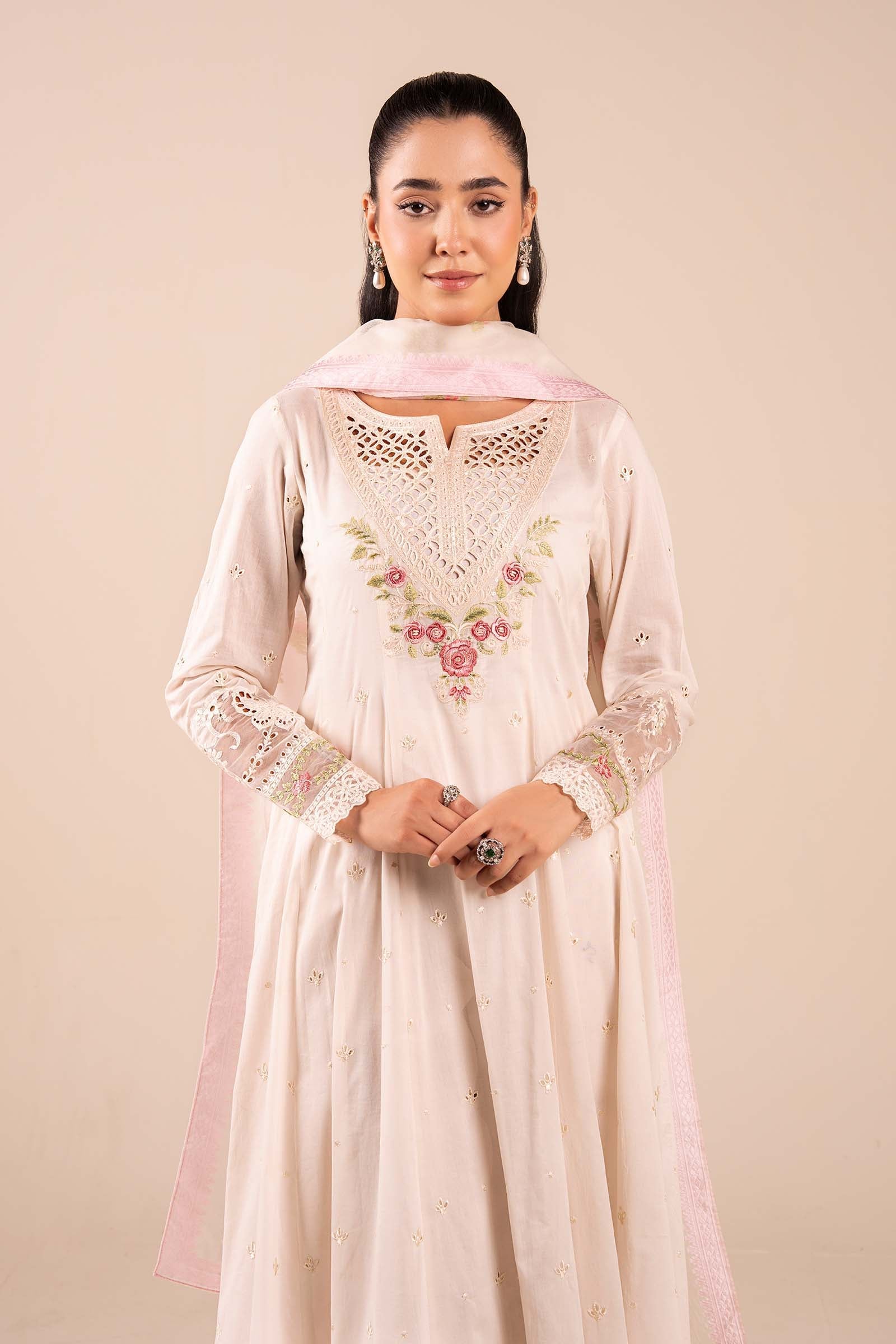 Off White Schiffli Embroidered Lawn Anarkali Dress (3-Piece) - Image 3