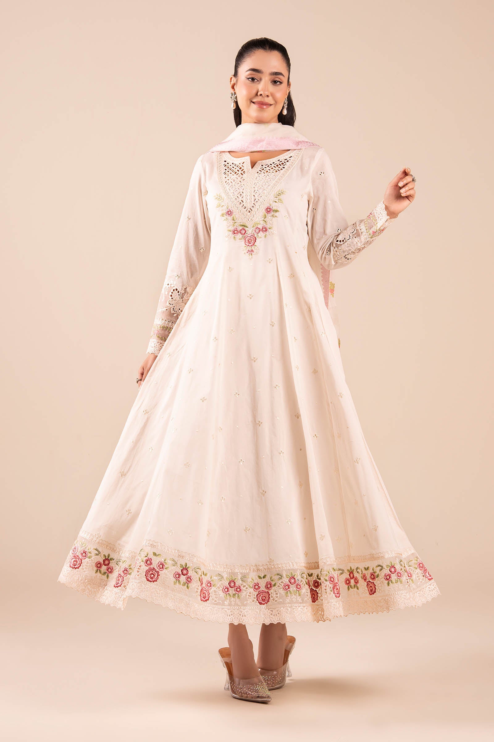 Off White Schiffli Embroidered Lawn Anarkali Dress (3-Piece) - Image 5