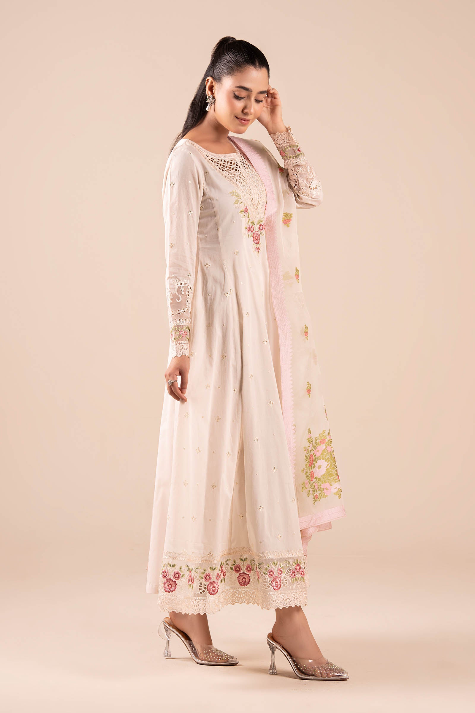 Off White Schiffli Embroidered Lawn Anarkali Dress (3-Piece) - Image 7