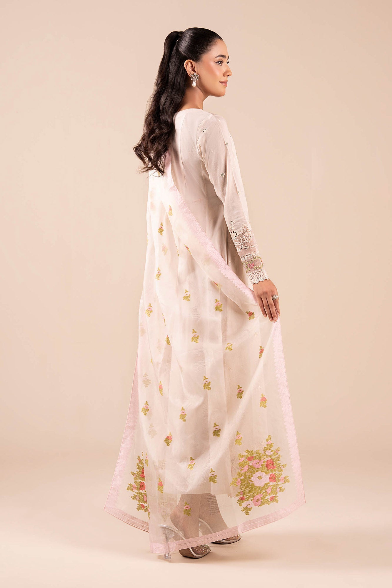 Off White Schiffli Embroidered Lawn Anarkali Dress (3-Piece) - Image 8