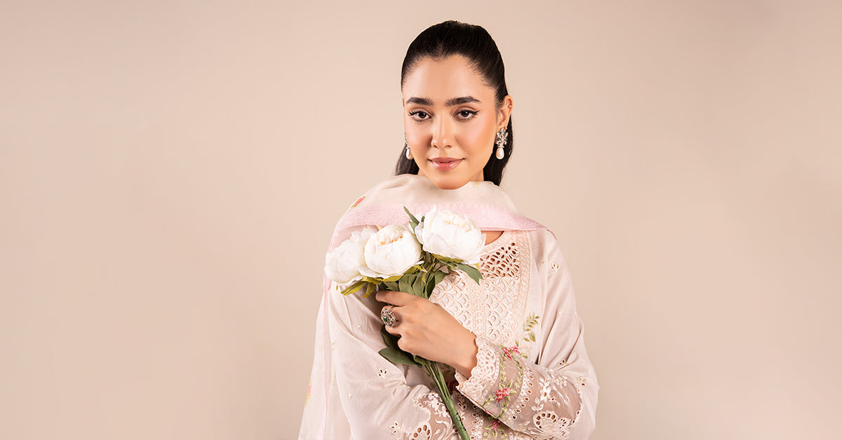 Off White Schiffli Embroidered Lawn Anarkali Dress (3-Piece) - Image 9