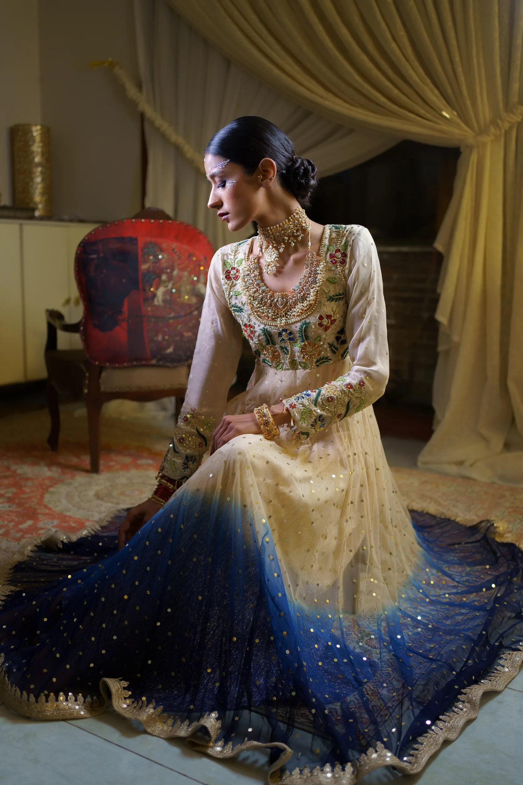 Ivory and Navy Ombre Net Anarkali Gown (1-Pc) - Image 1