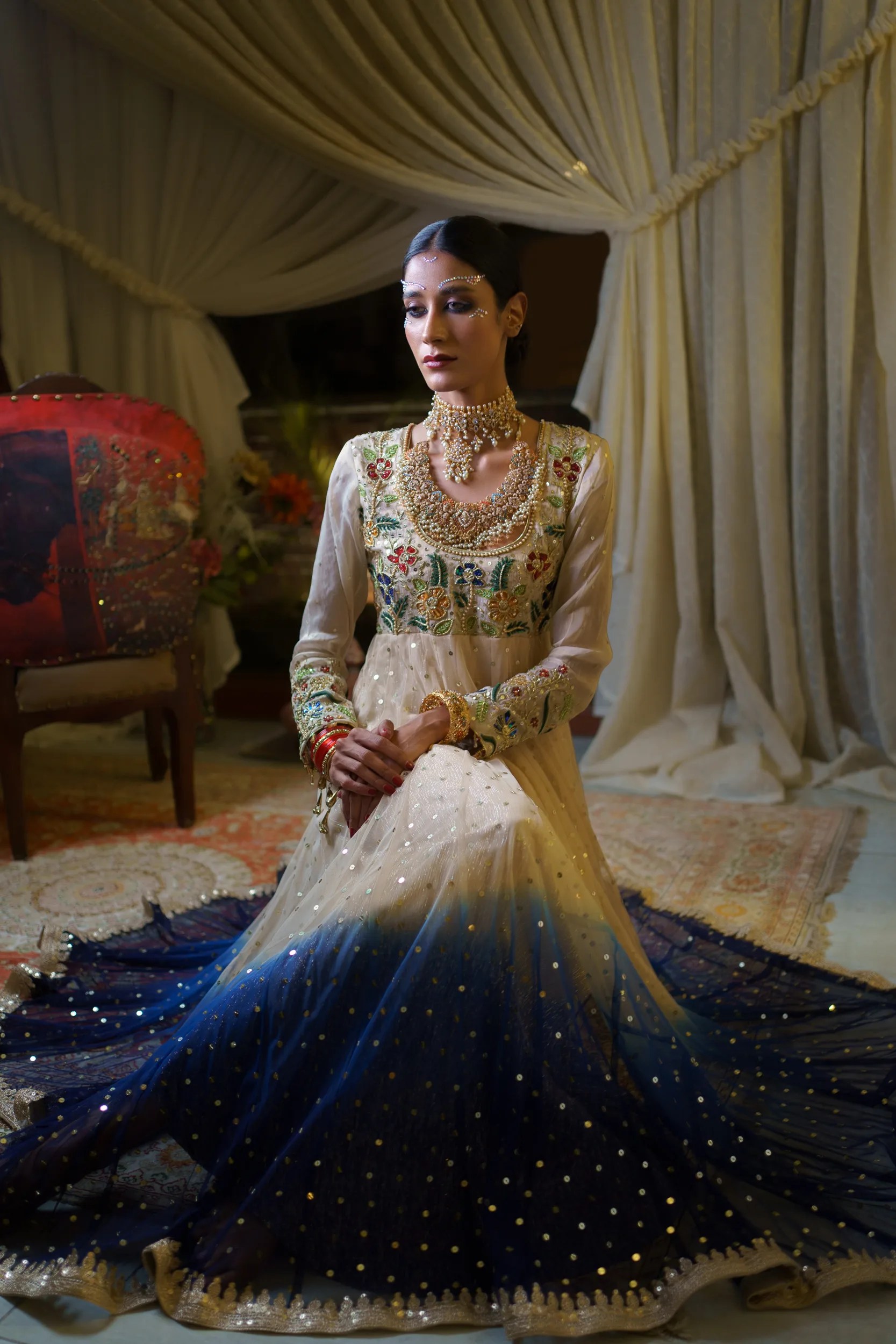 Ivory and Navy Ombre Net Anarkali Gown (1-Pc) - Image 2