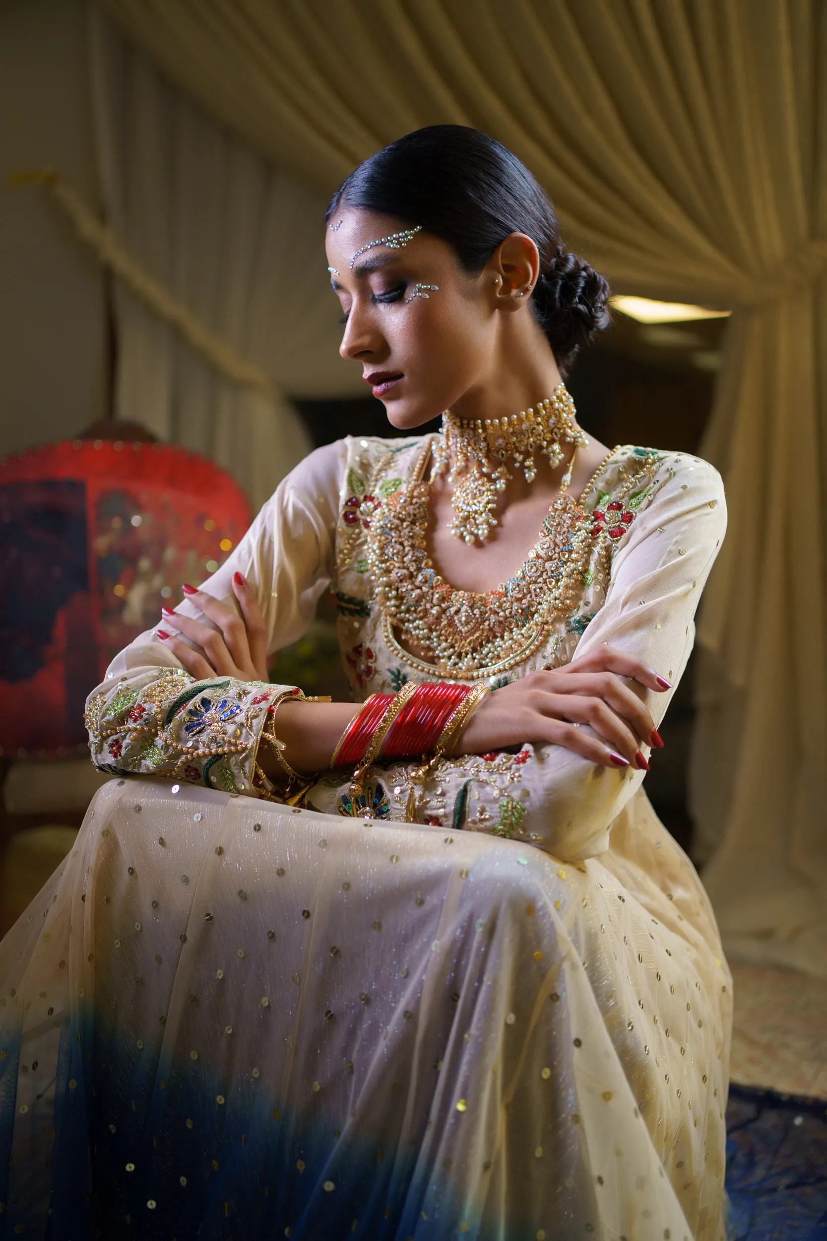 Ivory and Navy Ombre Net Anarkali Gown (1-Pc) - Image 5