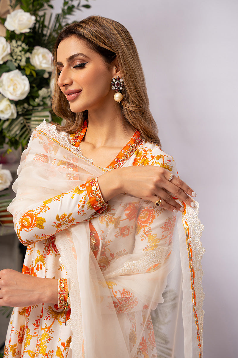 Ivory Burnt Orange Embroidered Khaddi Silk Angrakha (2-Piece) - Image 10