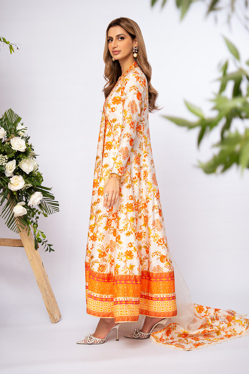 Ivory Burnt Orange Embroidered Khaddi Silk Angrakha (2-Piece) - Image 12