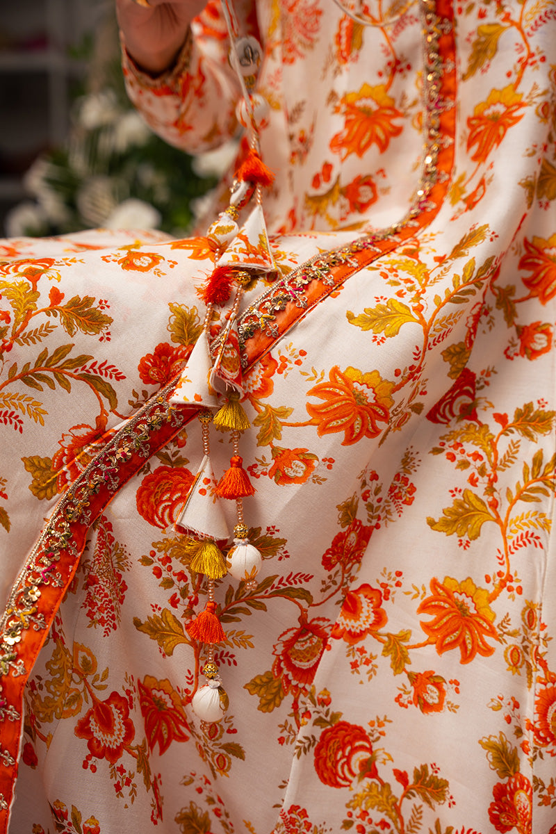 Ivory Burnt Orange Embroidered Khaddi Silk Angrakha (2-Piece) - Image 4