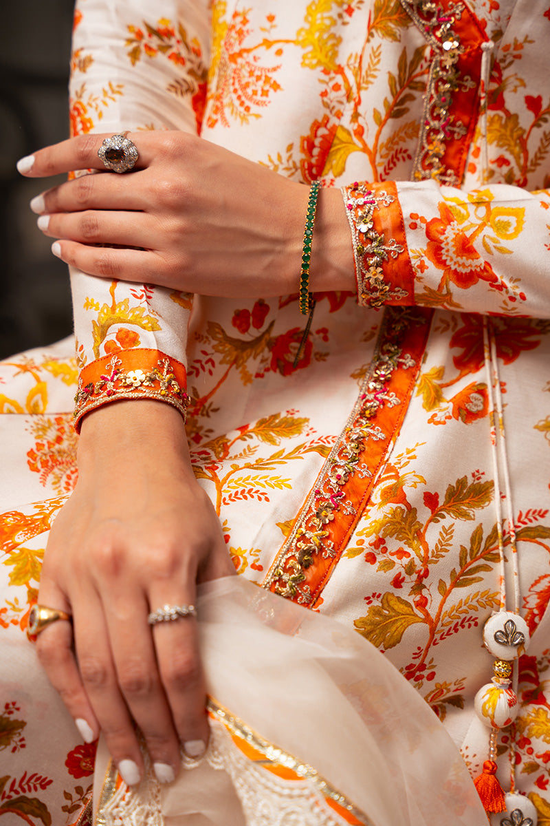 Ivory Burnt Orange Embroidered Khaddi Silk Angrakha (2-Piece) - Image 6