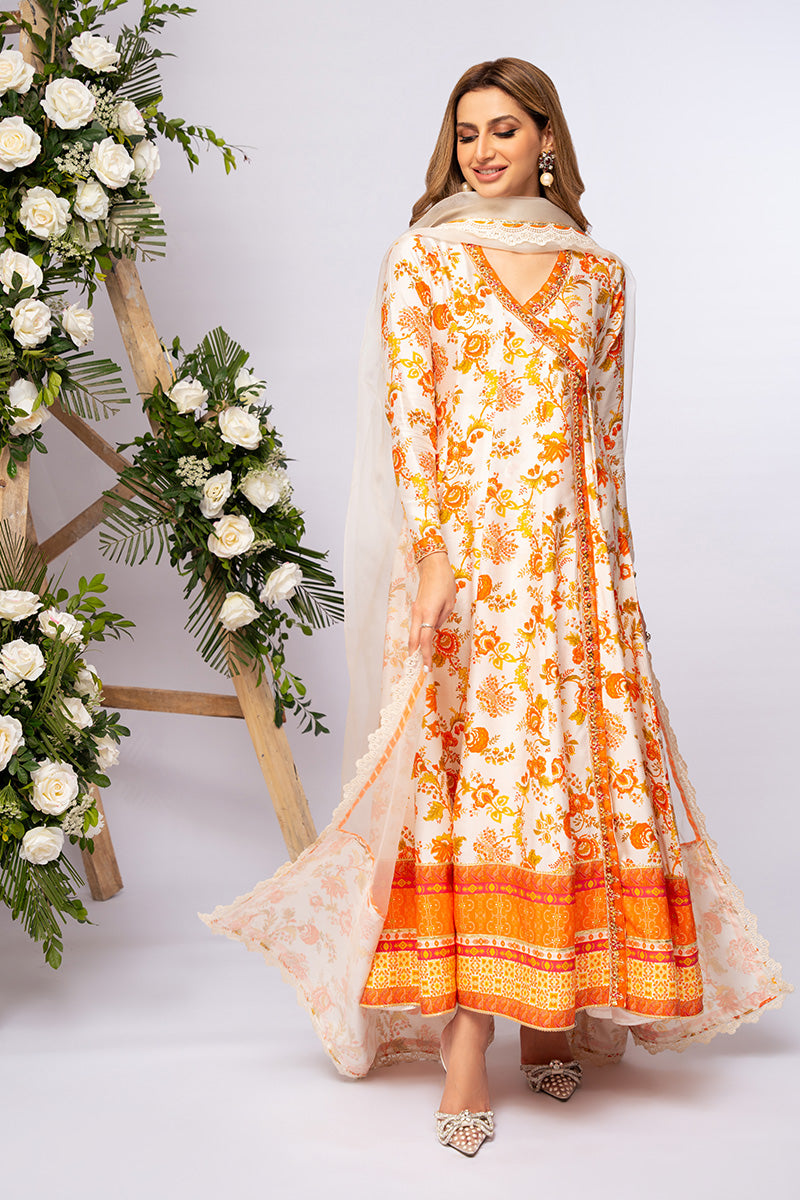 Ivory Burnt Orange Embroidered Khaddi Silk Angrakha (2-Piece) - Image 8