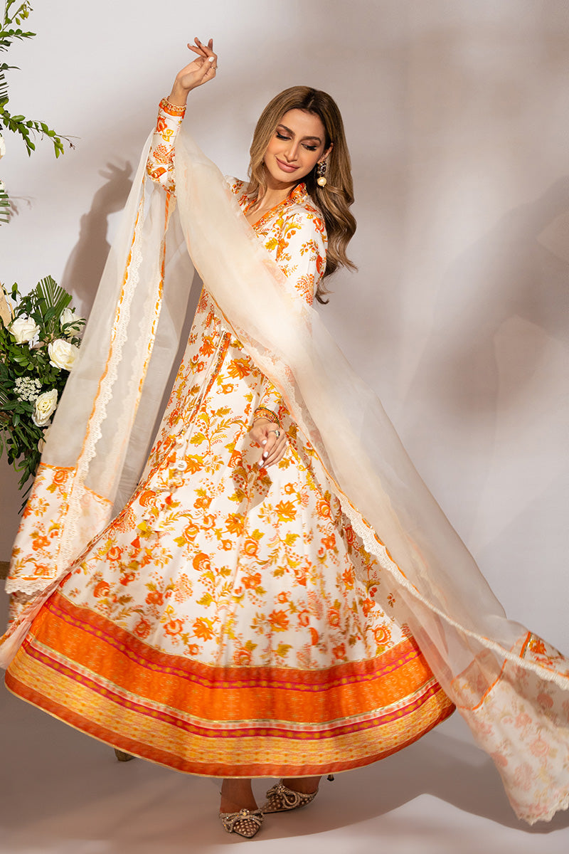 Ivory & Burnt Orange Embroidered Khaddi Silk Angrakha (3-Piece) - Image 11