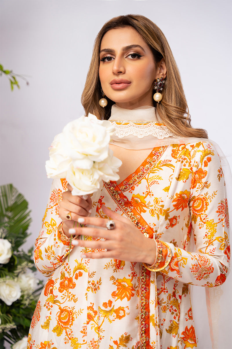 Ivory & Burnt Orange Embroidered Khaddi Silk Angrakha (3-Piece) - Image 2
