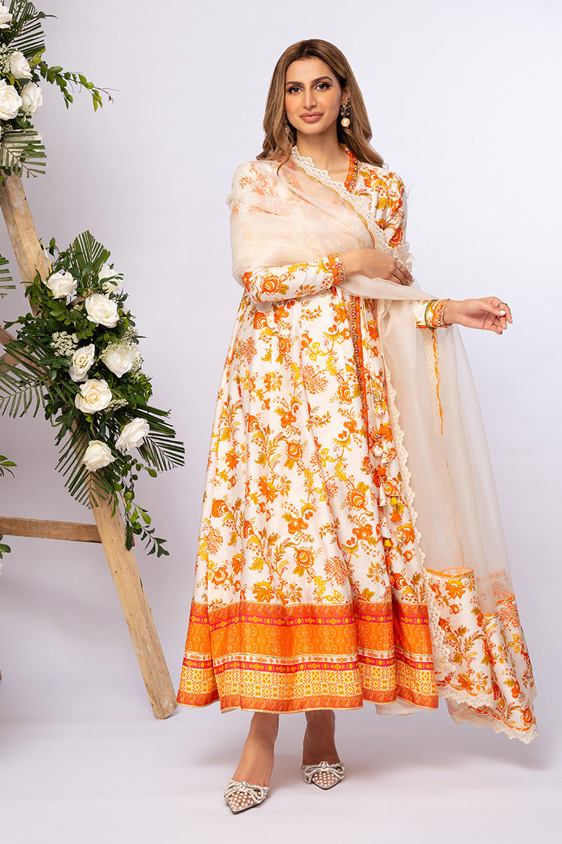 Ivory & Burnt Orange Embroidered Khaddi Silk Angrakha (3-Piece) - Image 5