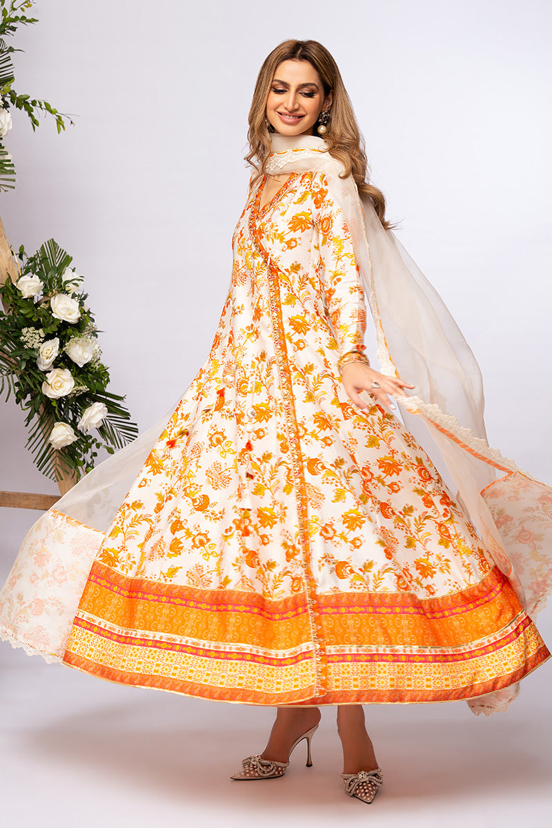 Ivory & Burnt Orange Embroidered Khaddi Silk Angrakha (3-Piece) - Image 7