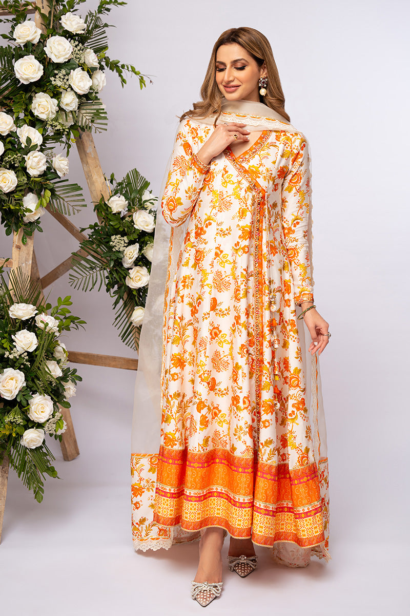 Ivory & Burnt Orange Embroidered Khaddi Silk Angrakha (3-Piece) - Image 9