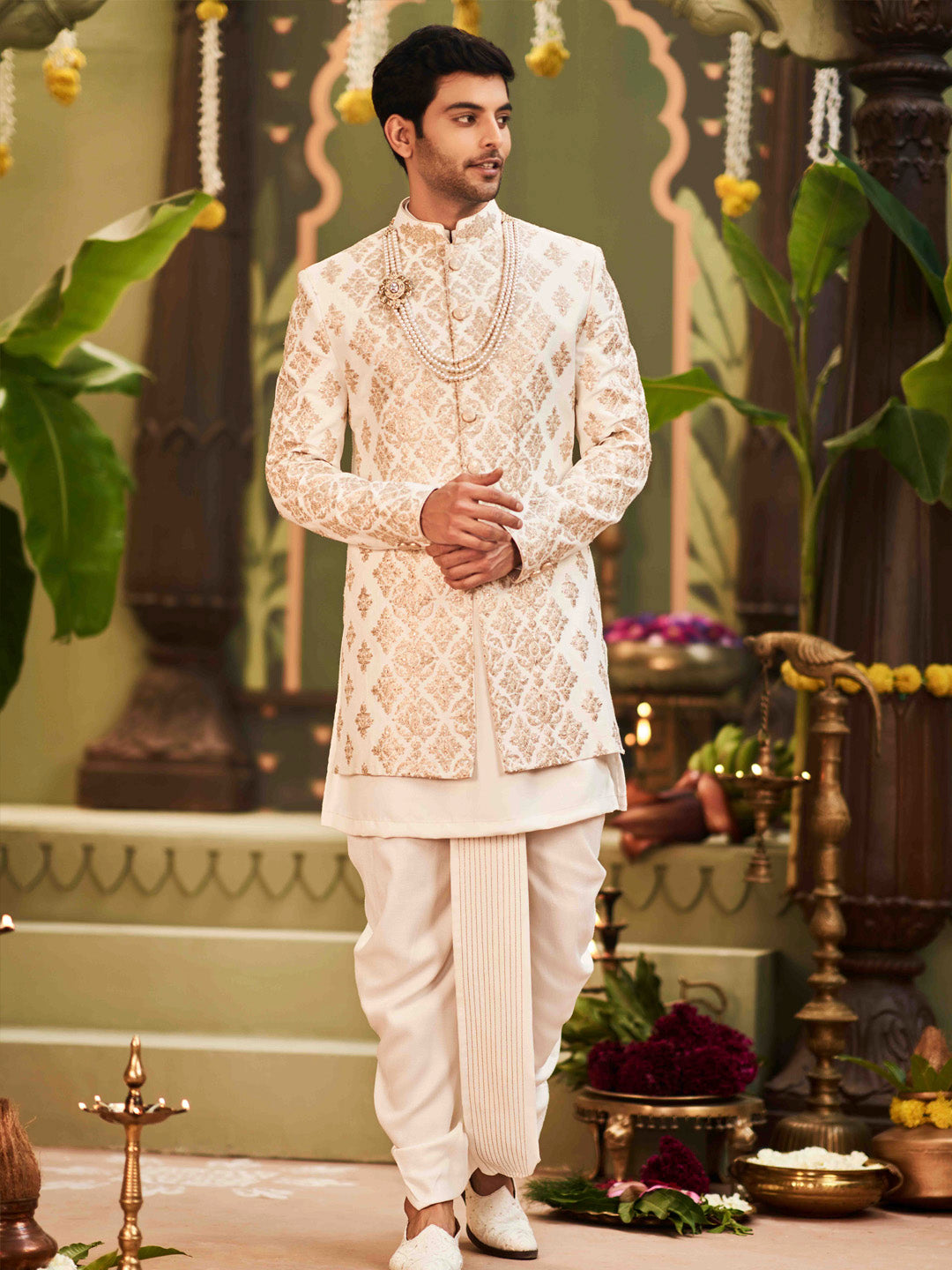 Ivory Chandan Gold Zari Satin Silk Achkan (3-Piece) - Image 1