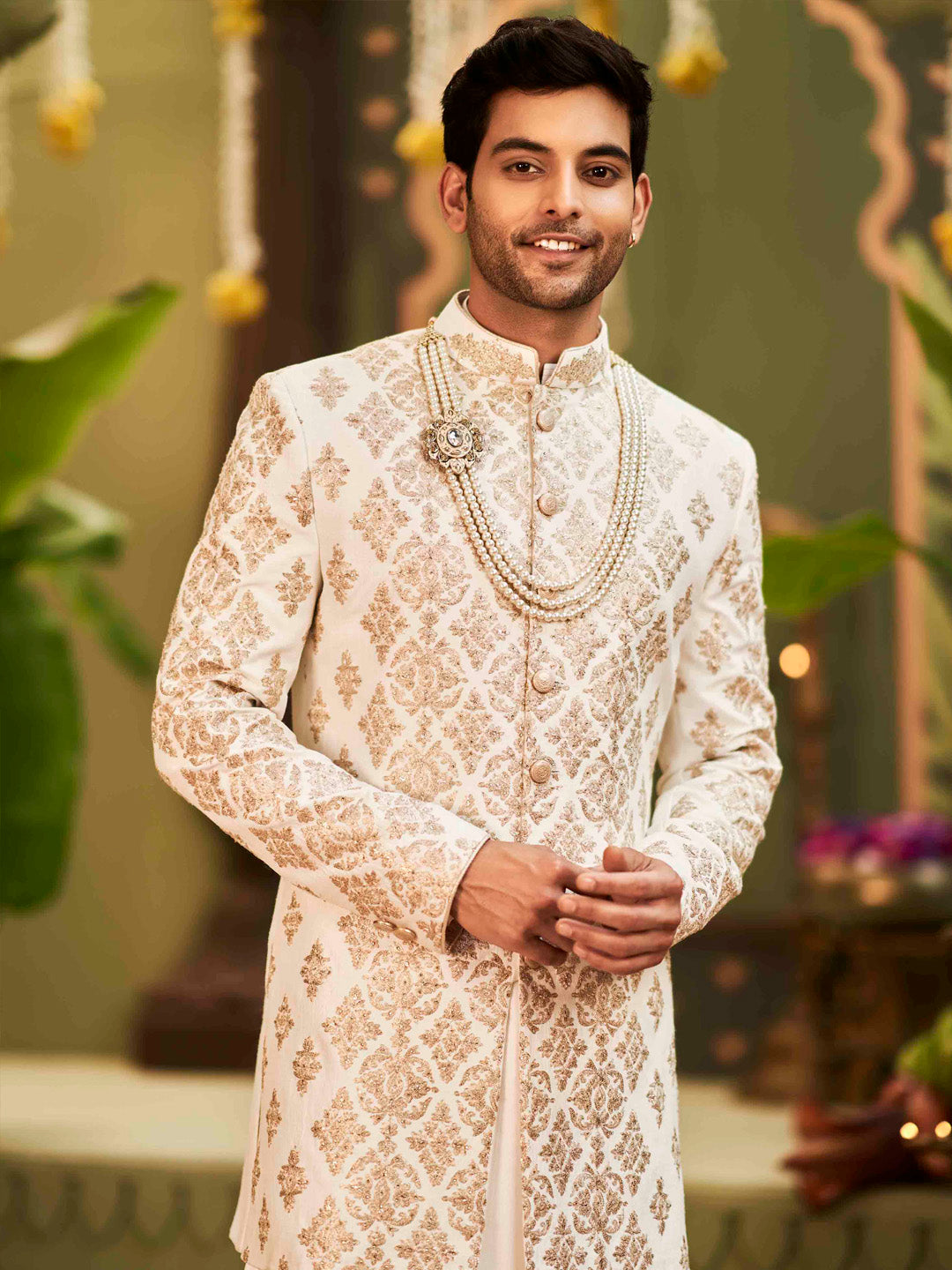 Ivory Chandan Gold Zari Satin Silk Achkan (3-Piece) - Image 2