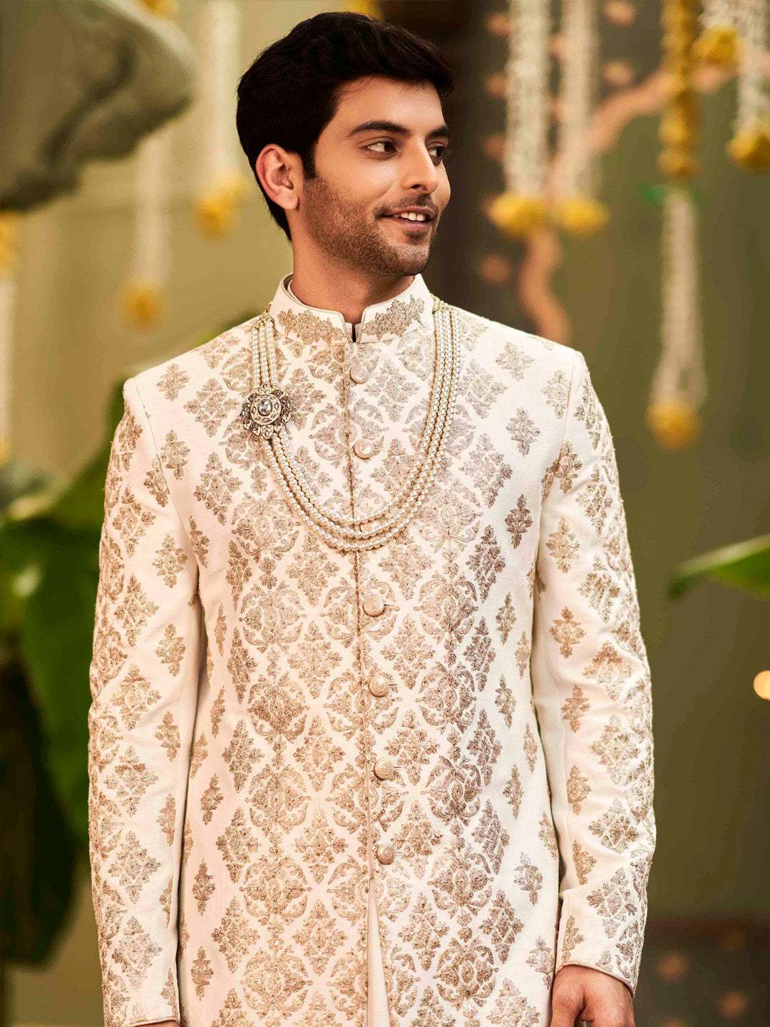 Ivory Chandan Gold Zari Satin Silk Achkan (3-Piece) - Image 3