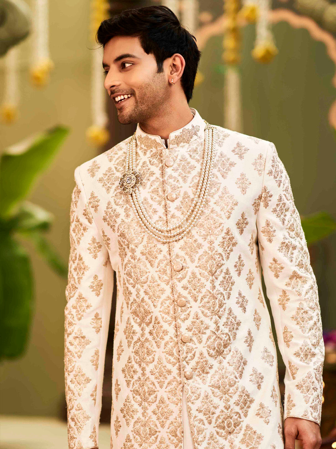 Ivory Chandan Gold Zari Satin Silk Achkan (3-Piece) - Image 4