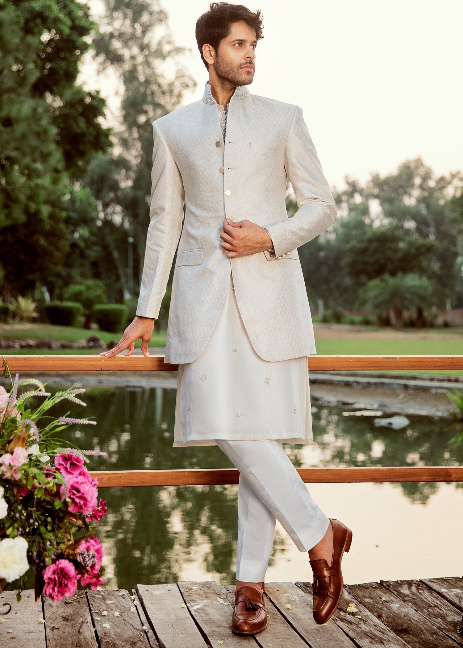 Ivory Banarsi Sherwani with Silk Kurta (4-Piece) - Image 1