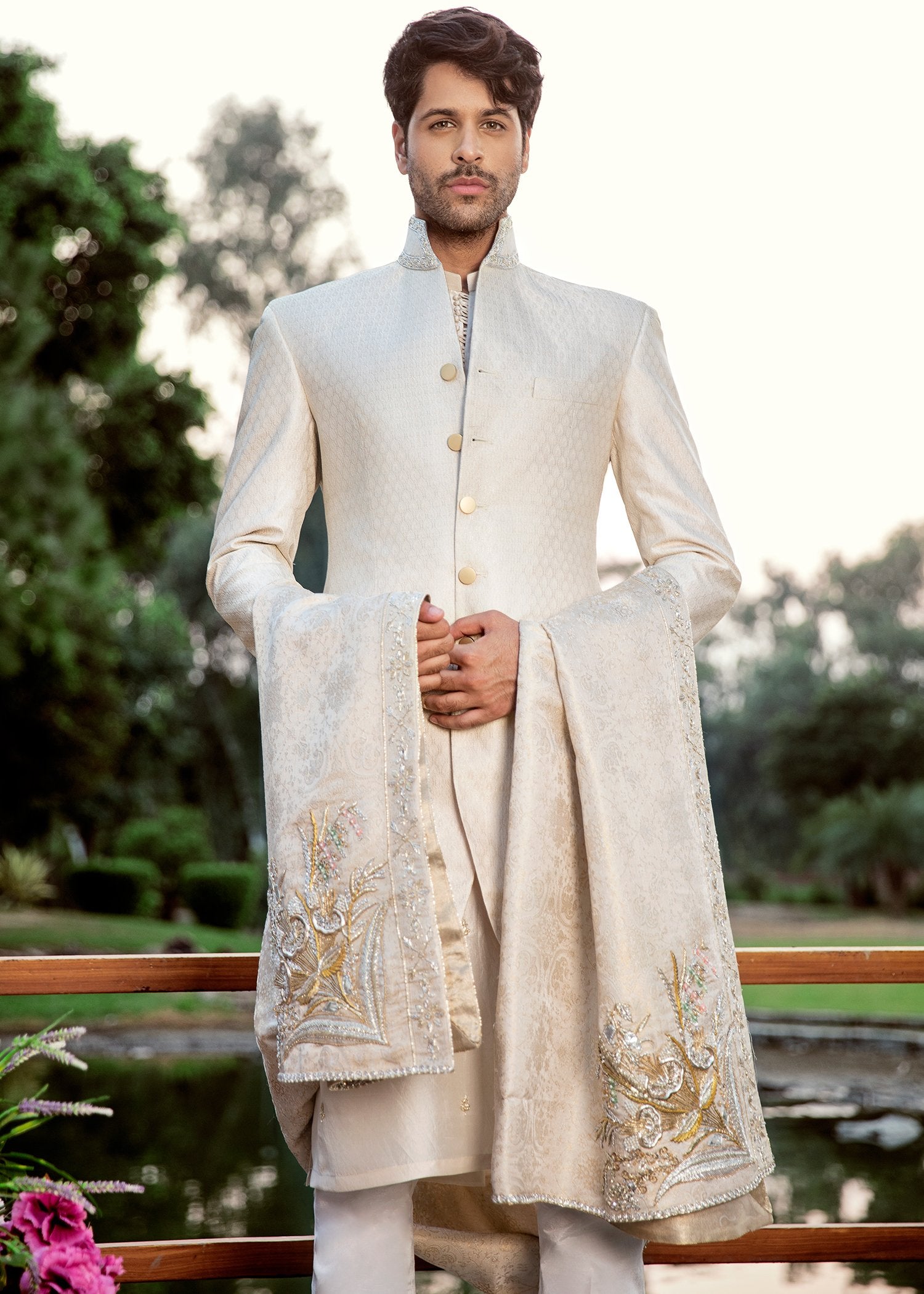 Ivory Banarsi Sherwani with Silk Kurta (4-Piece) - Image 2