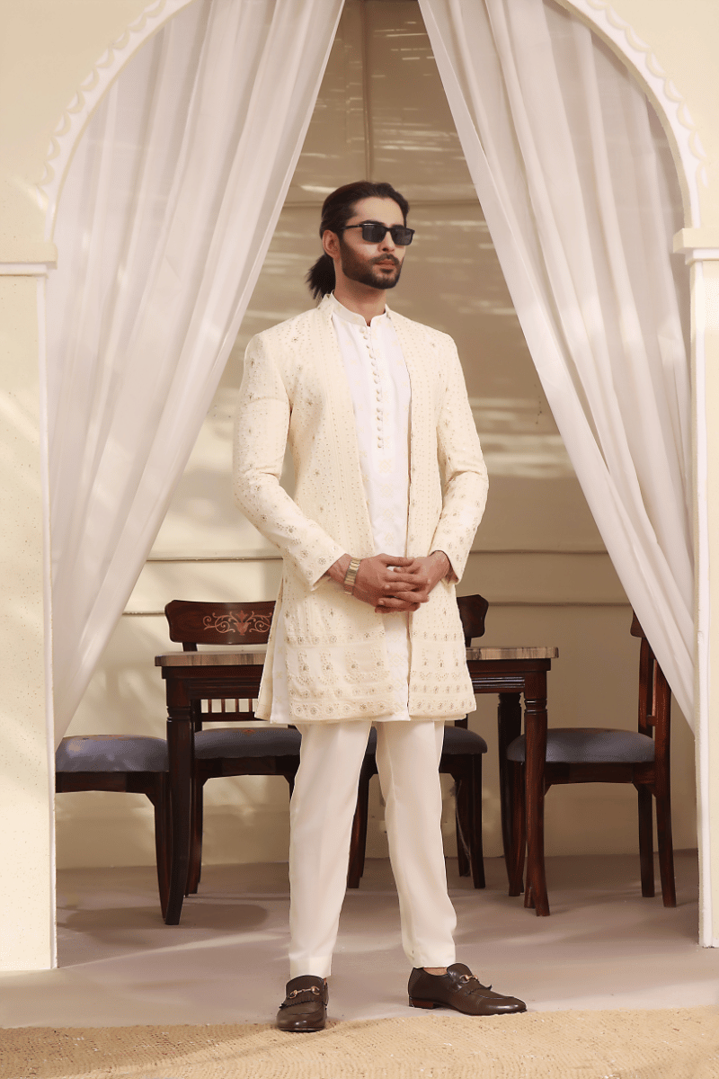 Off-White Kaamdani Sequin Chicken Kari Sherwani (2-Piece) - Image 1