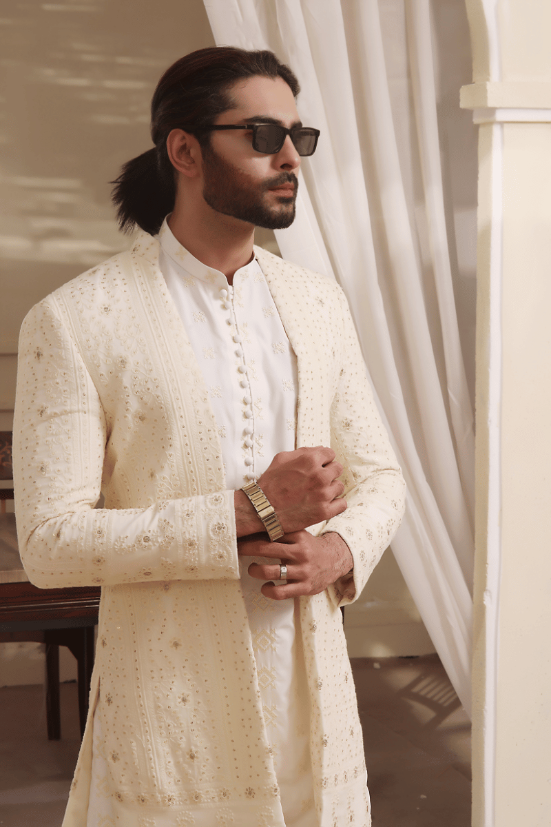 Off-White Kaamdani Sequin Chicken Kari Sherwani (2-Piece) - Image 2