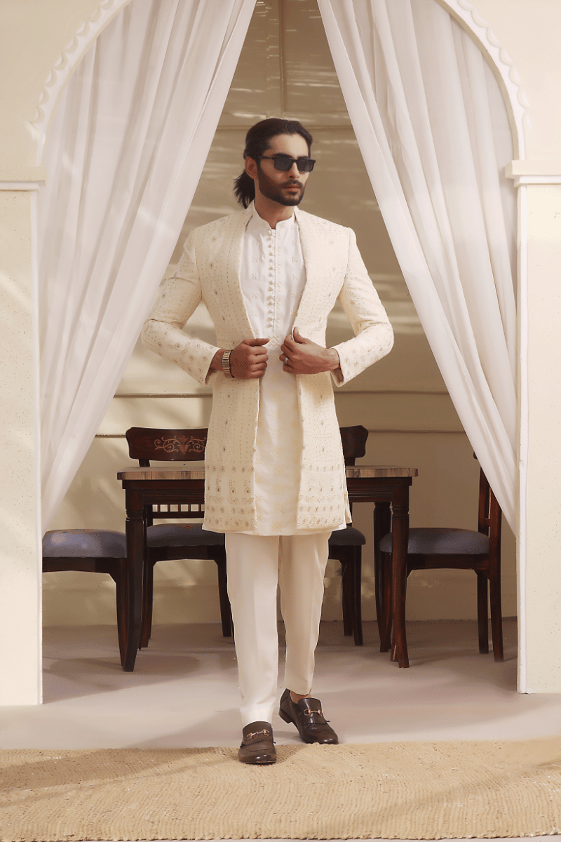 Off-White Kaamdani Sequin Chicken Kari Sherwani (2-Piece) - Image 3