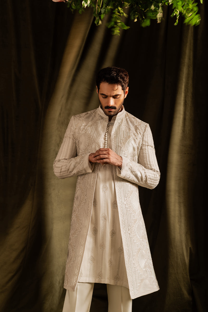 Ivory Tilla Embroidered Cotton Luxe Achkan Sherwani (2-Piece) - Image 2