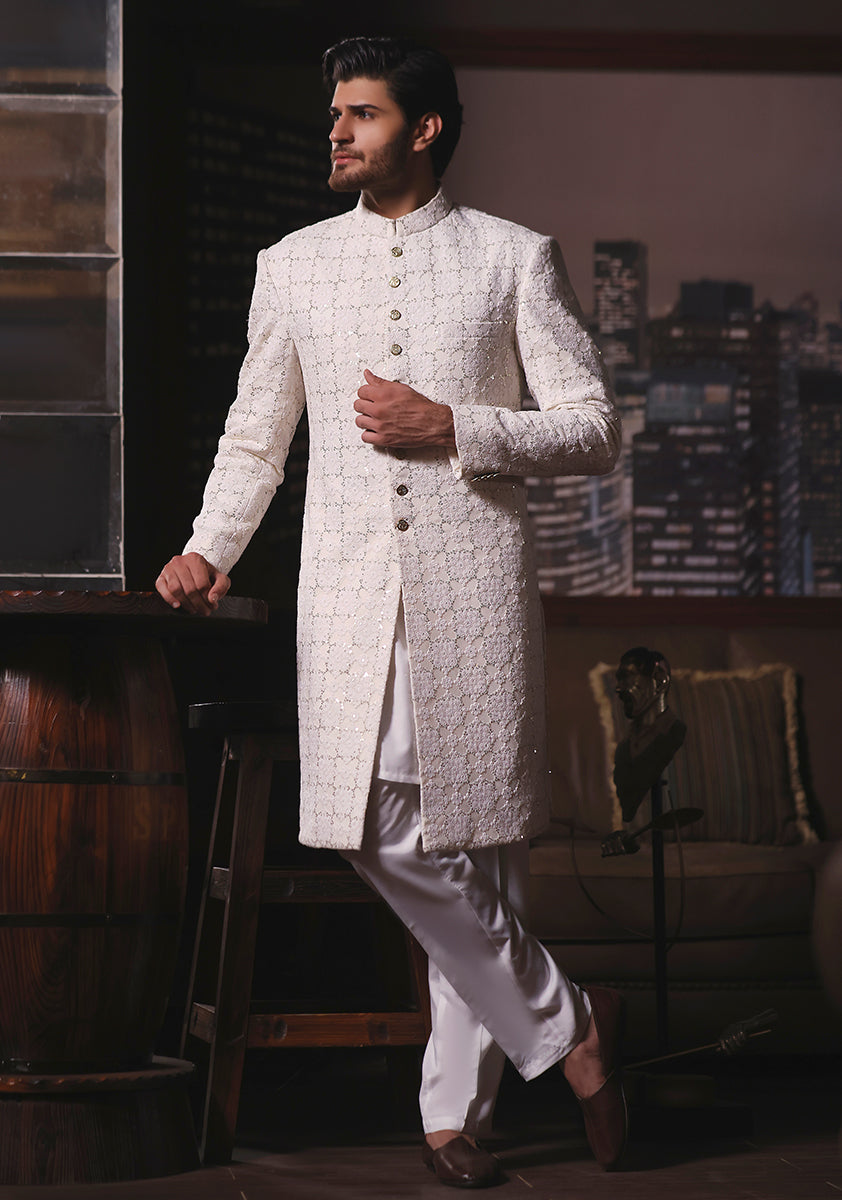Off White Embroidered Cotton Net Sherwani (2-Piece) - Image 1