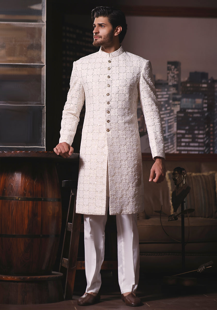 Off White Embroidered Cotton Net Sherwani (2-Piece) - Image 2