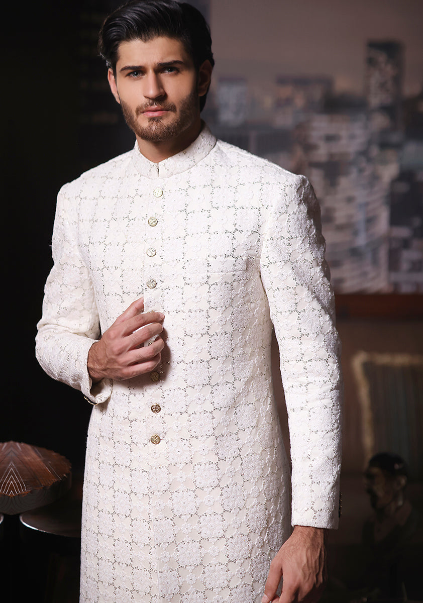 Off White Embroidered Cotton Net Sherwani (2-Piece) - Image 3
