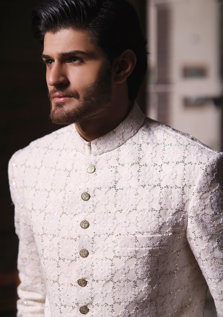 Off White Embroidered Cotton Net Sherwani (2-Piece) - Image 4