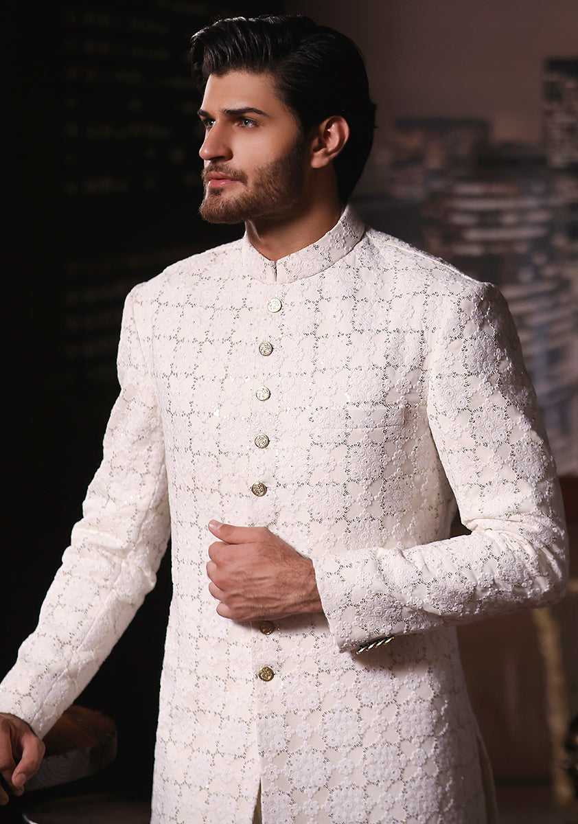 Off White Embroidered Cotton Net Sherwani (2-Piece) - Image 5