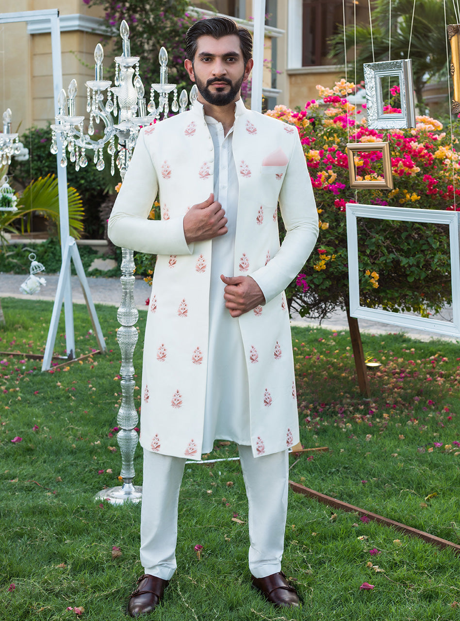 Ivory Floral Embroidered Cotton Silk Achkan Sherwani (3-Piece) - Image 1