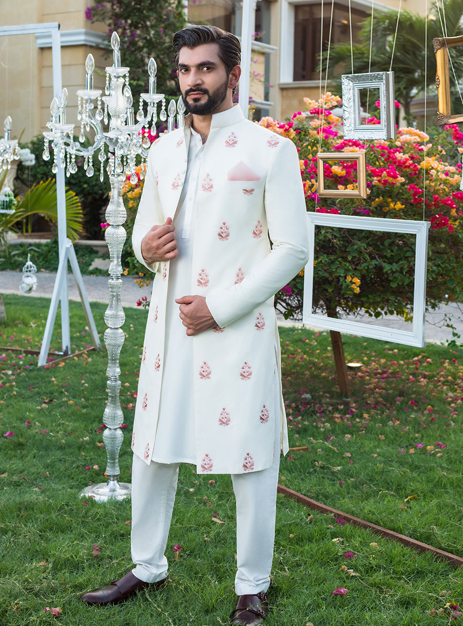 Ivory Floral Embroidered Cotton Silk Achkan Sherwani (3-Piece) - Image 2