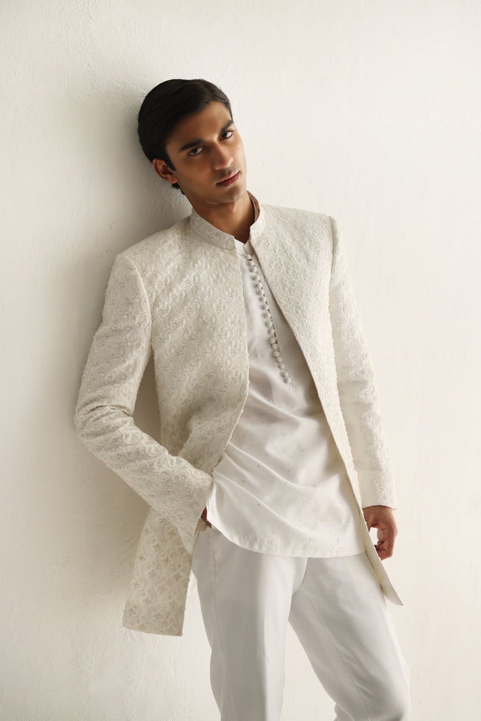 Ivory Embossed Achkan Sherwani (3-Piece) - Image 1
