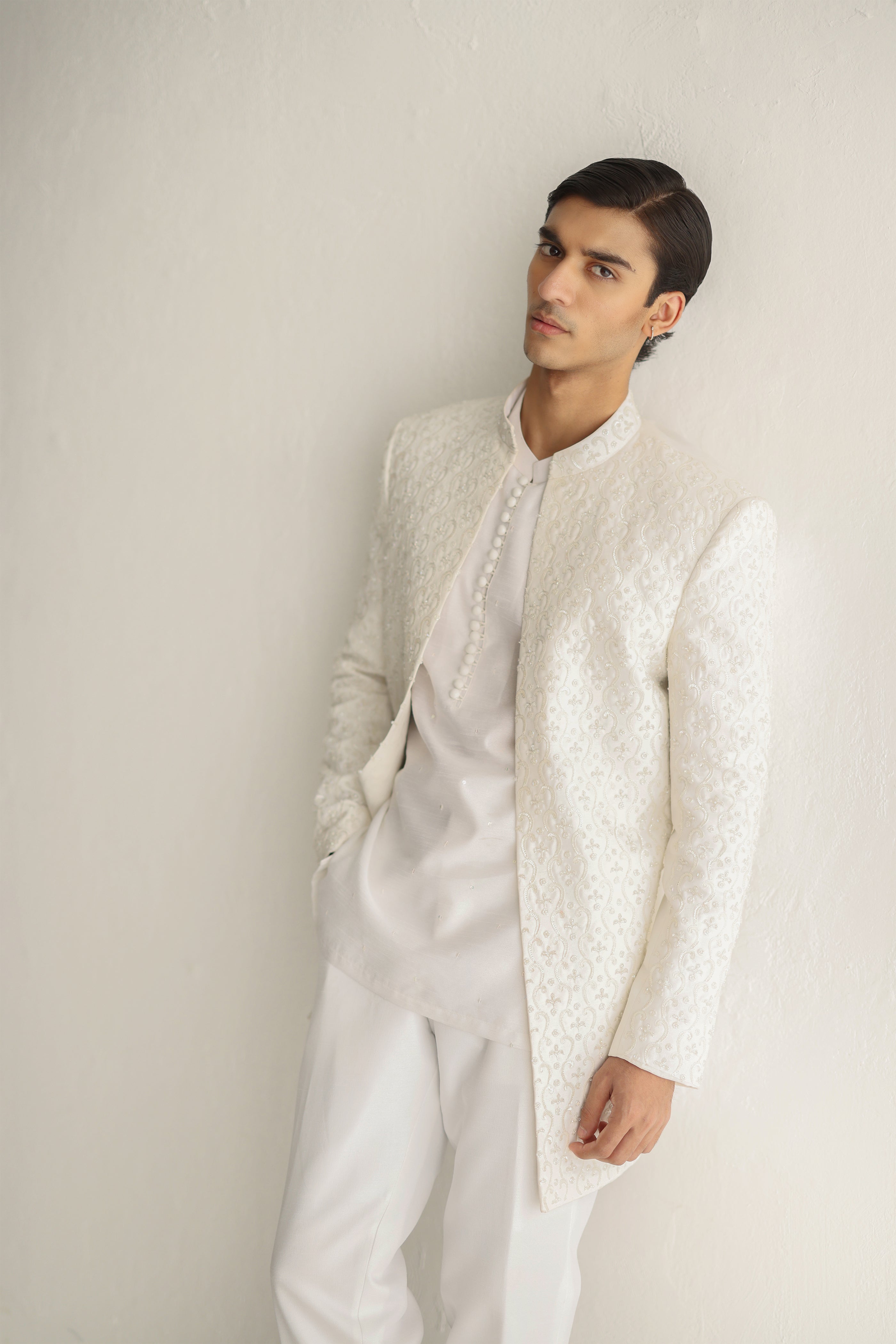 Ivory Embossed Achkan Sherwani (3-Piece) - Image 4