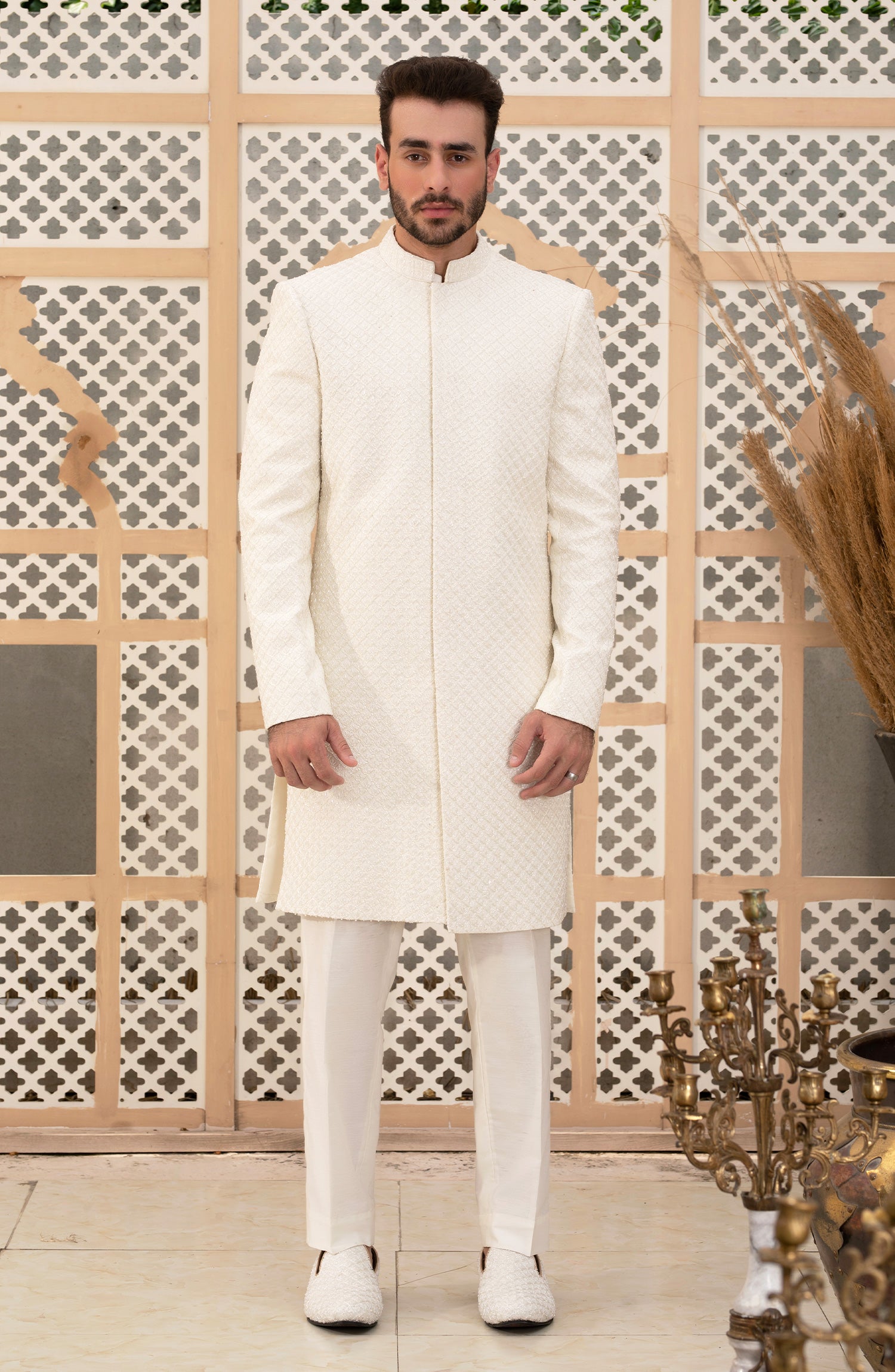 Ivory White Embroidered Silk Sherwani (3-Piece) - Image 1