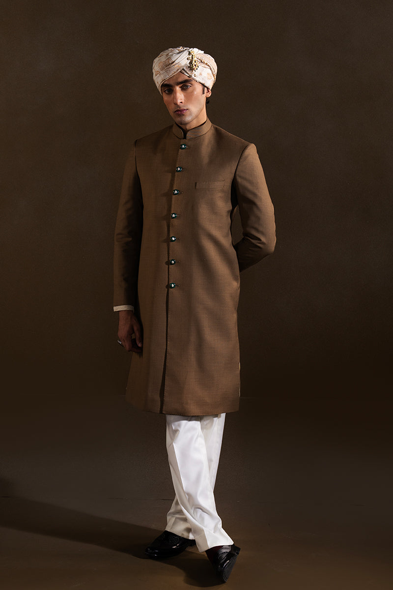 Ivory-Brown Handloom Sherwani with Stone Buttons (3-Piece) - Image 1