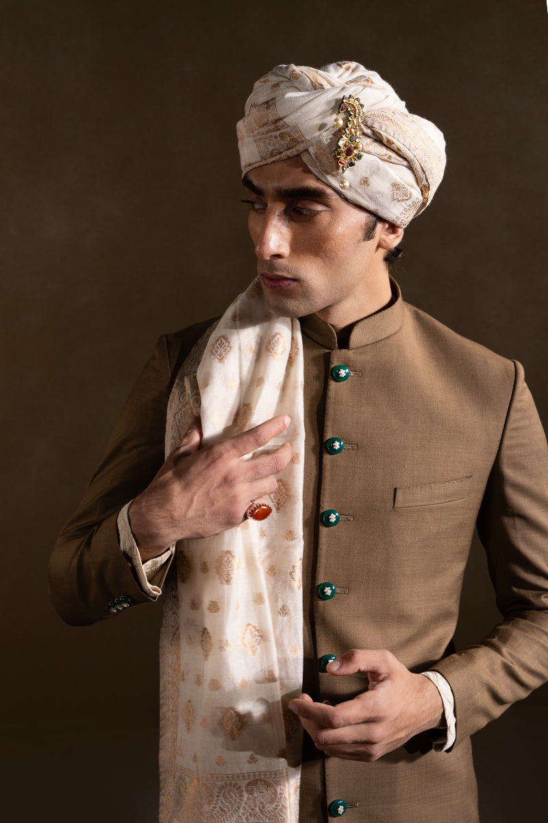 Ivory-Brown Handloom Sherwani with Stone Buttons (3-Piece) - Image 3