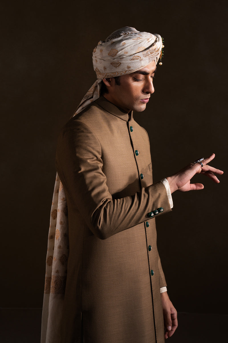Ivory-Brown Handloom Sherwani with Stone Buttons (3-Piece) - Image 4
