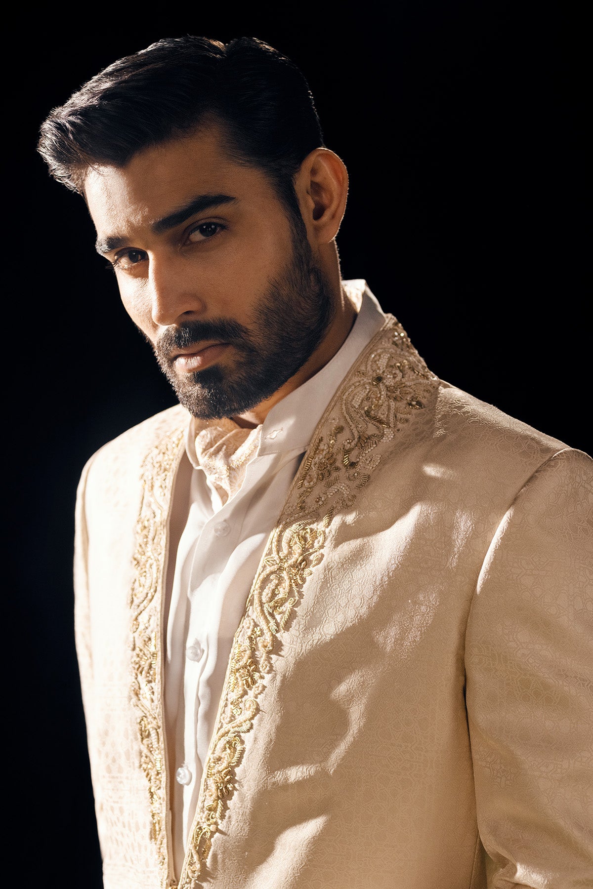 Ivory Hand-Embroidered Jacquard Sherwani (2-Piece) - Image 2