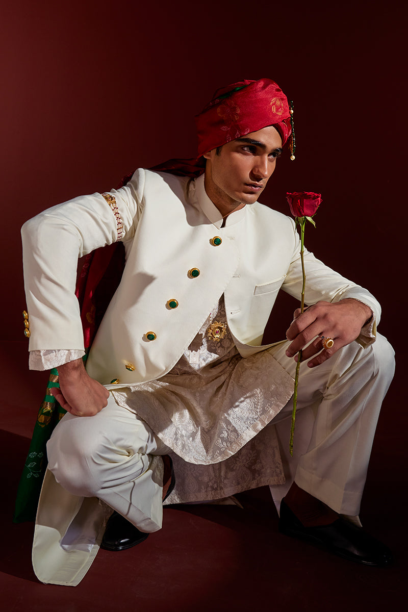 Ivory Stone-Embellished Jacquard Achkan Sherwani (4-Piece) - Image 10