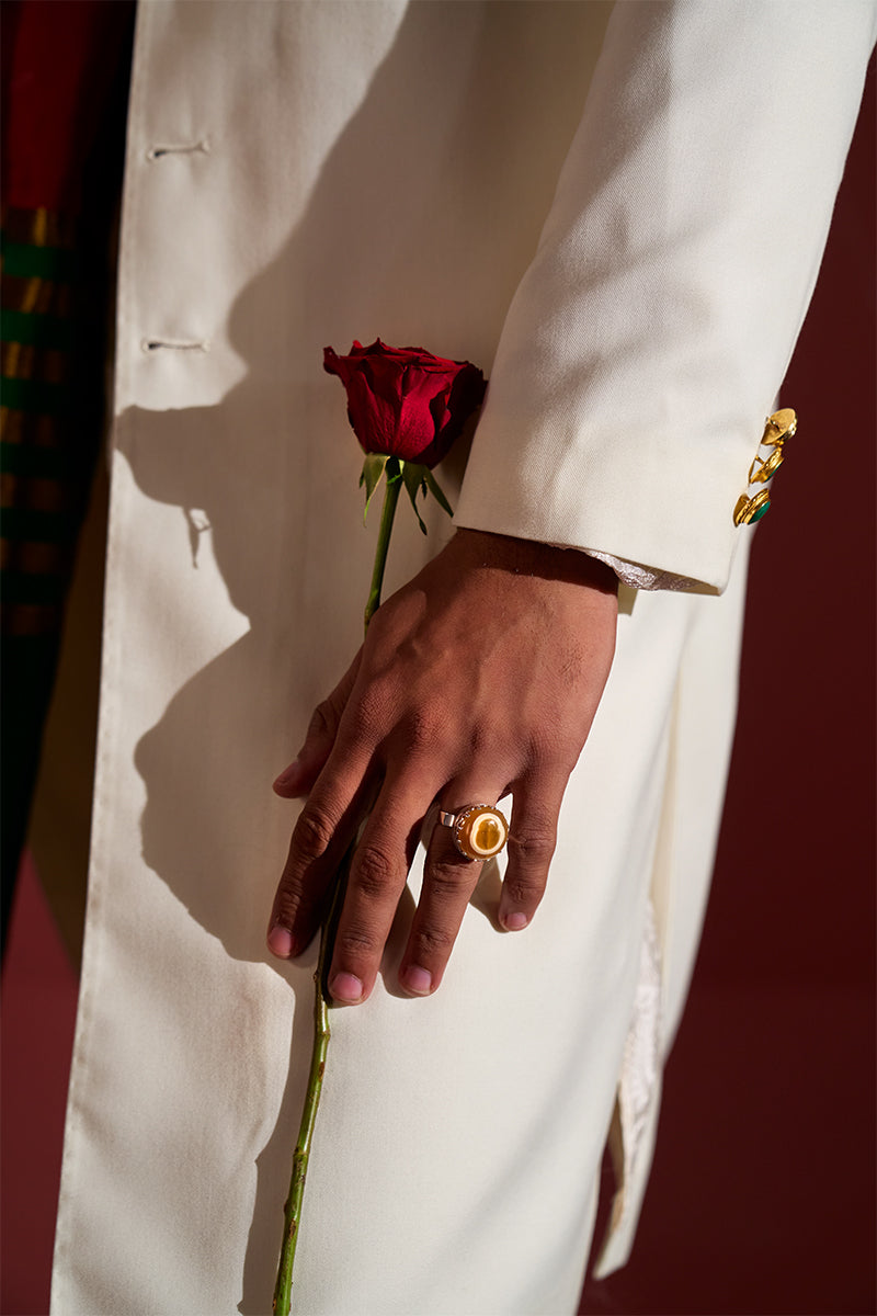 Ivory Stone-Embellished Jacquard Achkan Sherwani (4-Piece) - Image 11