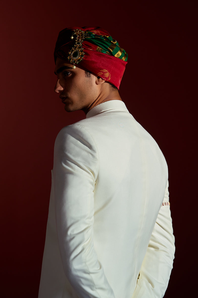 Ivory Stone-Embellished Jacquard Achkan Sherwani (4-Piece) - Image 13
